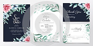Navy blue wedding invitation card template set with watercolor flowers and leaves. Elegant botanic decoration background of blue