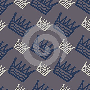 Navy blue and white outline crown ornament seamless pattern. Dark grey background