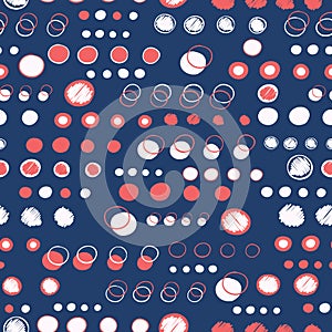 Navy blue white polka dot circles. Vector pattern seamless background. Hand drawn texture style. Tiny small dotty illustration.