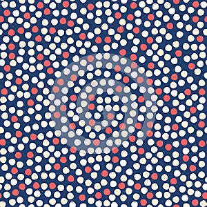 Navy blue white polka dot circles. Vector pattern seamless background. Hand drawn texture style. Tiny small dotty illustration.