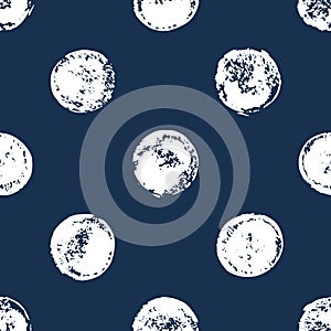 Navy blue and white sponge print polka dot grunge seamless pattern, vector