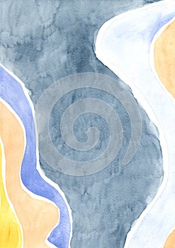 Navy blue, yellow and orange abstract line color watercolor background.