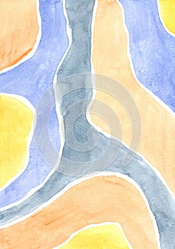 Navy blue, yellow and orange abstract line color watercolor background .