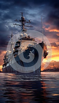 Navy Destroyer in high seas on the ocean at night with a full moon