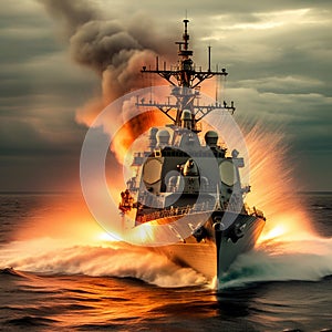 Navy Destroyer in high seas on the ocean at night with a full moon