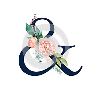 Navy Floral Alphabet - ampersand & with flowers bouquet composition