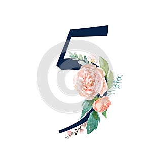 Navy Floral Number - digit 5 with flowers bouquet composition