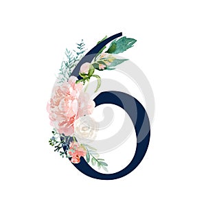 Navy Floral Number - digit 6 with flowers bouquet composition