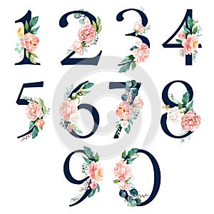 Navy Floral Number Set - digits 1, 2, 3, 4, 5, 6, 7, 8, 9, 0 with flowers bouquet composition