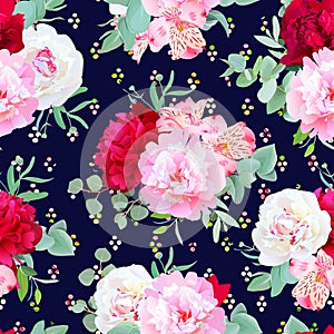 Navy floral seamless vector print with burgundy red and pink peony, alstroemeria lily, mint eucalyptus. photo