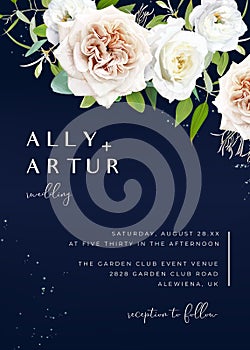 Navy floral wedding invite card. Vector elegant watercolor powder, beige, white garden rose flowers, greenery eucalyptus leaves