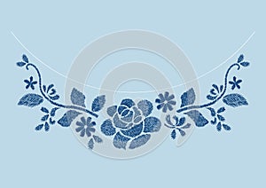 Navy flower embroidery artwork design for neckline clothing