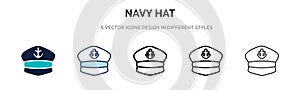 Navy hat icon in filled, thin line, outline and stroke style. Vector illustration of two colored and black navy hat vector icons