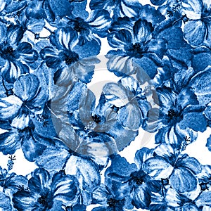 Navy Hibiscus Plant. Cobalt Seamless Garden. Indigo Flower Palm. Blue Watercolor Illustration. Azure Pattern Background. Azure Tro