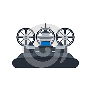 Navy hovercraft front view vector icon illustration. Boat sea transport water vessel speed. Isolated marine motor flat future