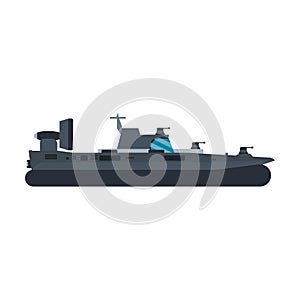 Navy hovercraft side view vector icon illustration. Boat sea transport water vessel speed. Isolated marine motor flat future