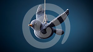 Navy Knitted Bird Toy Hanging On Dark Blue Background