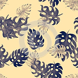 Navy Monstera Pattern Illustration. Seamless Textile. Indigo Watercolor Illustration. Tropical Painting. Floral Illustration. Summ
