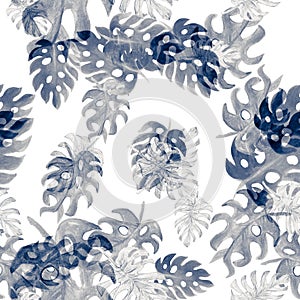 Navy Monstera Pattern Leaf. Seamless Textile. Blue Watercolor Foliage. Tropical Monstera. Floral Plant. Summer Wallpaper.Vintage D