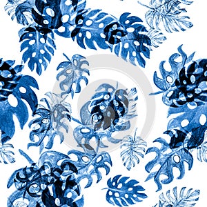 Navy Monstera Pattern Wallpaper. Seamless Print. Indigo Watercolor Textile. Tropical Monstera. Floral Backdrop. Summer Background.