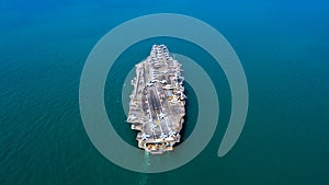 Navy Nuclear Aircraft carrier, Military navy ship carrier full loading fighter jet aircraft, Aerial view