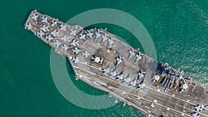 Navy Nuclear Aircraft carrier, Military navy ship carrier full loading fighter jet aircraft, Aerial view