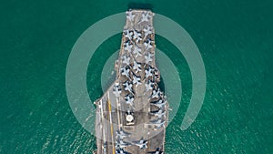 Navy Nuclear Aircraft carrier, Military navy ship carrier full loading fighter jet aircraft, Aerial view