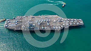 Navy Nuclear Aircraft carrier, Military navy ship carrier full loading fighter jet aircraft, Aerial view