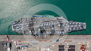 Navy Nuclear Aircraft carrier, Military navy ship carrier full loading fighter jet aircraft, Aerial view