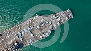 Navy Nuclear Aircraft carrier, Military navy ship carrier full loading fighter jet aircraft, Aerial view