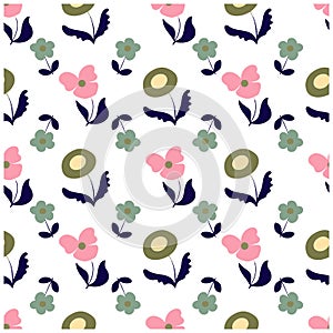 Navy, Pink and White Floral Seamless Repeat Pattern Vector Background