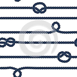 Navy rope and marine knots striped seamless pattern in blue and white, vector