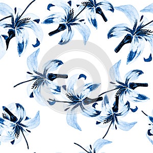 Navy Seamless Botanical. Gray Pattern Leaf. White Tropical Foliage. Cobalt Flower Texture. Blue Floral Background.