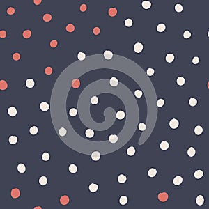 Navy seamless repeat scattered red and white polka pattern with a navy background.