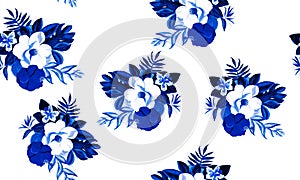 Navy Seamless Vintage. Cobalt Pattern Botanical. White Tropical Botanical. Blue Floral Background. Gray Flora Leaf.