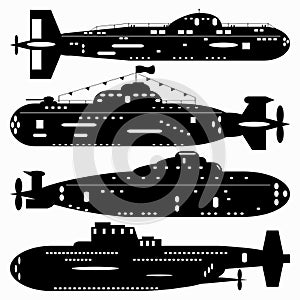 Navy. A set of paths submarines. Black and white illustration of a white background