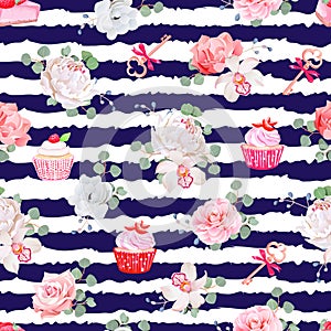 Navy striped seamless vector pattern with fresh pastries, bouquets of flowers and keys with red bows.