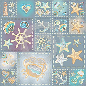 Navy vector seamless pattern. Waves, crab, wheel, anchor, star, heart.