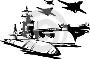 Navy - warship, carrier-based fighters and submarine. Militaristic ships. battleship vector illustration