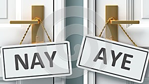 Nay or aye as a choice in life - pictured as words Nay, aye on doors to show that Nay and aye are different options to choose from