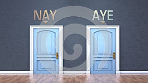 Nay and aye as a choice - pictured as words Nay, aye on doors to show that Nay and aye are opposite options while making decision photo