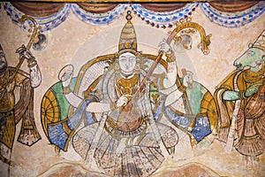 Nayaka painting of Saraswati on the inside wall of the northern cloister mandappa. Brihadishvara Temple, Thanjavur, Tamil Nadu