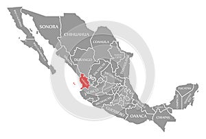 Nayarit red highlighted in map of Mexico photo