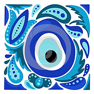 Nazar Boncuk hand drawn illustration. Square cartoon poster of Turkey amulet against evil eye. Blue pattern for t shirt or bag photo