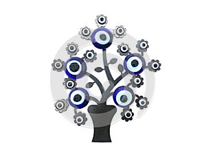 Nazar, charms to ward off the evil eye , on the branches of a tree. Isolated white background. Turkish decorative amulet for