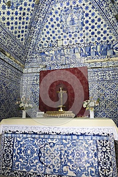 Nazare, Portugal, June 13, 2018: Tiles decorating the interior vaults of the Memoria Hermitage located on the hilltop O Sitio