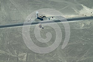 Nazca Lines observation tower and geoglyphs on the Pan-American Highway, Nazca, Peru