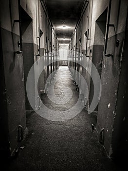 Nazi concentrationcamp Buchenwald cellblocks in black and white