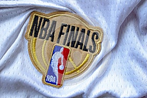 NBA Finals Stamp logo on a white basket ball Jersey