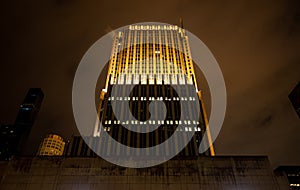 NBC Tower at night in downtown Chicago.